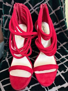 Qupid Red Suede Wrap-Strap Stiletto Sandals